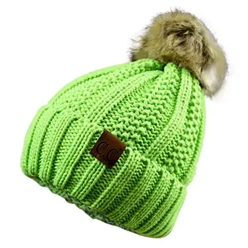 C.C Thick Cable Knit Faux Fuzzy Fur Pom Fleece Lined Skull Cap Cuff Beanie - 2