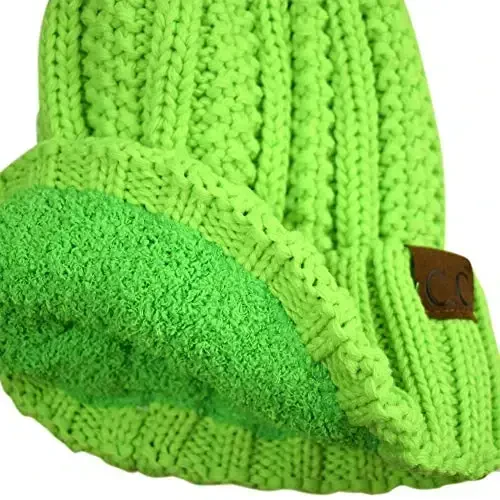 C.C Thick Cable Knit Faux Fuzzy Fur Pom Fleece Lined Skull Cap Cuff Beanie - 4