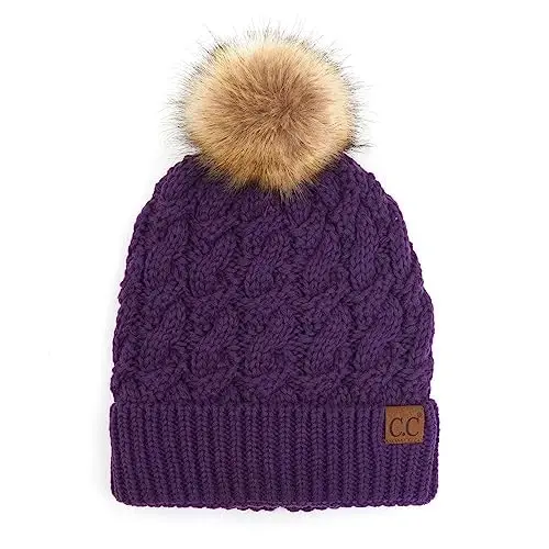 C.C Thick Cable Knit Faux Fuzzy Fur Pom Fleece Lined Skull Cap Cuff Beanie - 1