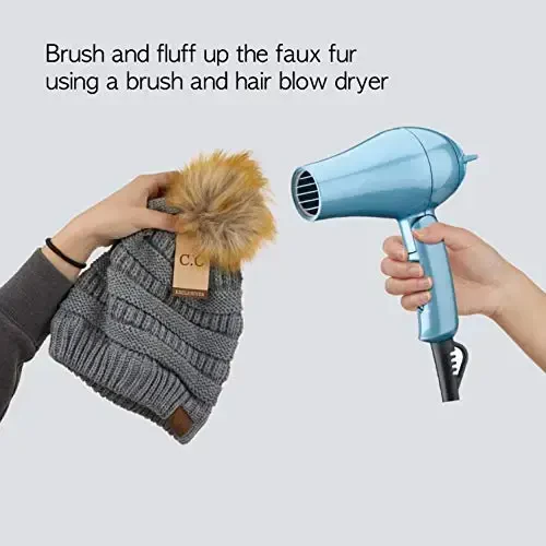 C.C Thick Cable Knit Faux Fuzzy Fur Pom Fleece Lined Skull Cap Cuff Beanie - 6