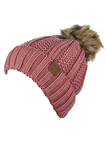 C.C Thick Cable Knit Faux Fuzzy Fur Pom Fleece Lined Skull Cap Cuff Beanie - 3