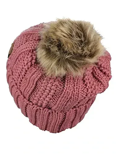 C.C Thick Cable Knit Faux Fuzzy Fur Pom Fleece Lined Skull Cap Cuff Beanie - 4