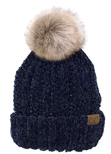 C.C Thick Cable Knit Faux Fuzzy Fur Pom Fleece Lined Skull Cap Cuff Beanie 