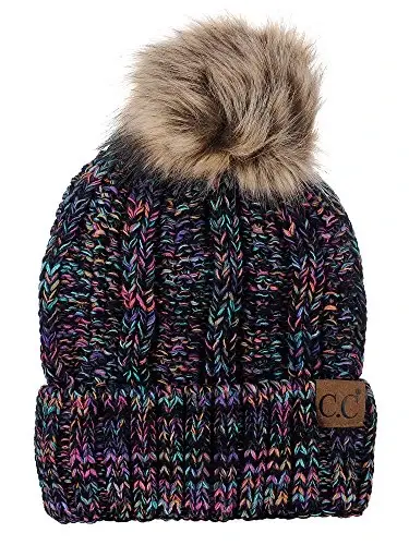 C.C Thick Cable Knit Faux Fuzzy Fur Pom Fleece Lined Skull Cap Cuff Beanie - C.C