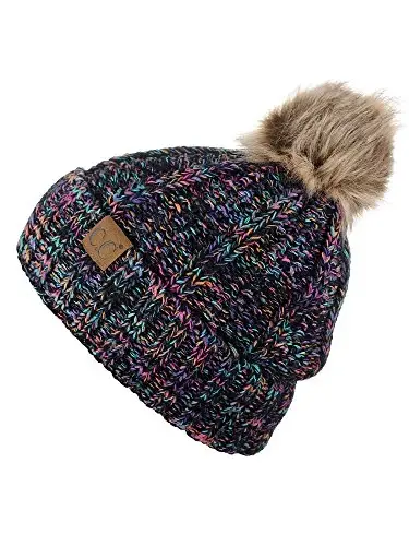 C.C Thick Cable Knit Faux Fuzzy Fur Pom Fleece Lined Skull Cap Cuff Beanie - C.C (1)