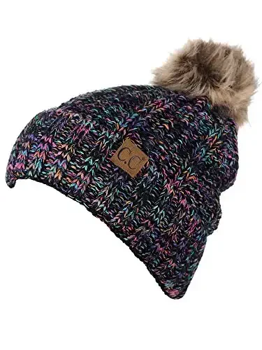 C.C Thick Cable Knit Faux Fuzzy Fur Pom Fleece Lined Skull Cap Cuff Beanie - 3