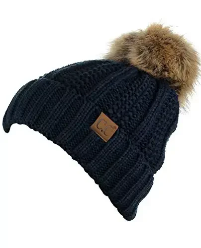 C.C Thick Cable Knit Faux Fuzzy Fur Pom Fleece Lined Skull Cap Cuff Beanie - 3