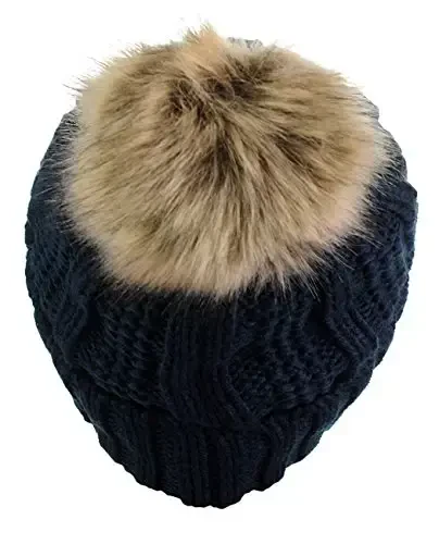 C.C Thick Cable Knit Faux Fuzzy Fur Pom Fleece Lined Skull Cap Cuff Beanie - 4