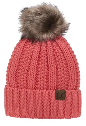 C.C Thick Cable Knit Faux Fuzzy Fur Pom Fleece Lined Skull Cap Cuff Beanie - C.C