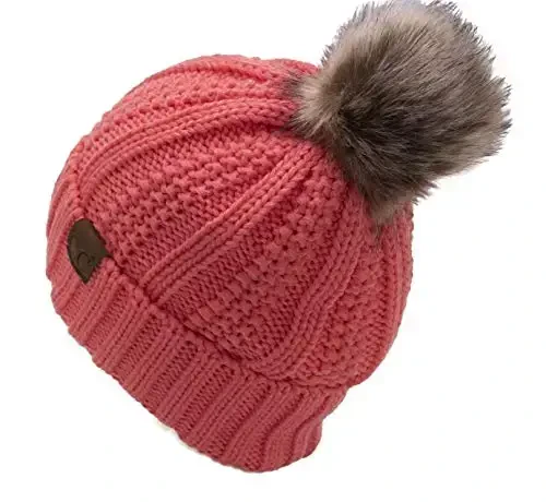C.C Thick Cable Knit Faux Fuzzy Fur Pom Fleece Lined Skull Cap Cuff Beanie - 4