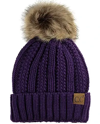 C.C Thick Cable Knit Faux Fuzzy Fur Pom Fleece Lined Skull Cap Cuff Beanie 