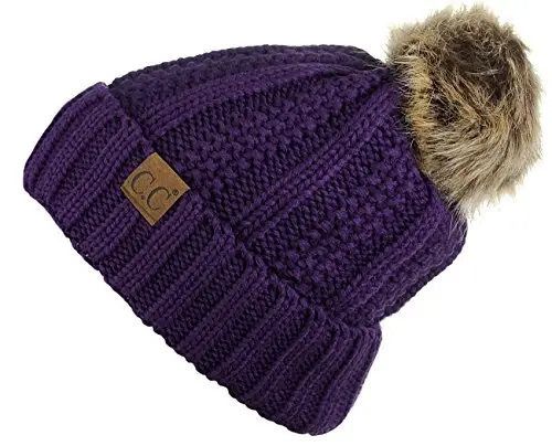 C.C Thick Cable Knit Faux Fuzzy Fur Pom Fleece Lined Skull Cap Cuff Beanie - C.C (1)