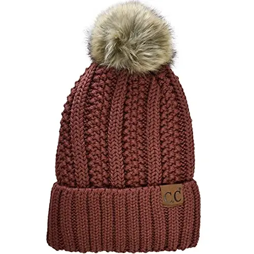C.C Thick Cable Knit Faux Fuzzy Fur Pom Fleece Lined Skull Cap Cuff Beanie - 1