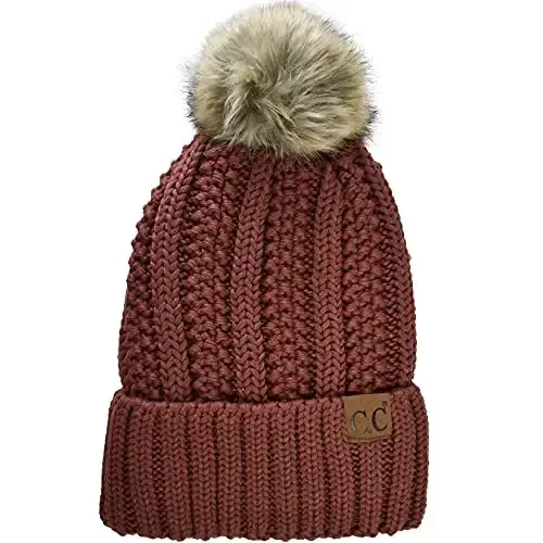 C.C Thick Cable Knit Faux Fuzzy Fur Pom Fleece Lined Skull Cap Cuff Beanie 