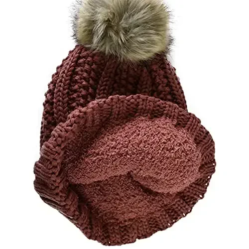 C.C Thick Cable Knit Faux Fuzzy Fur Pom Fleece Lined Skull Cap Cuff Beanie - 2