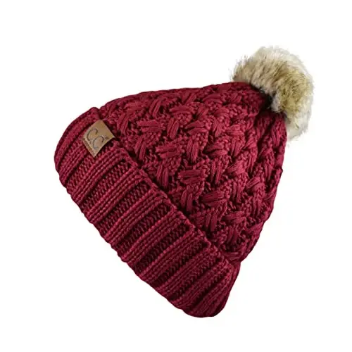 C.C Thick Cable Knit Faux Fuzzy Fur Pom Fleece Lined Skull Cap Cuff Beanie - 3