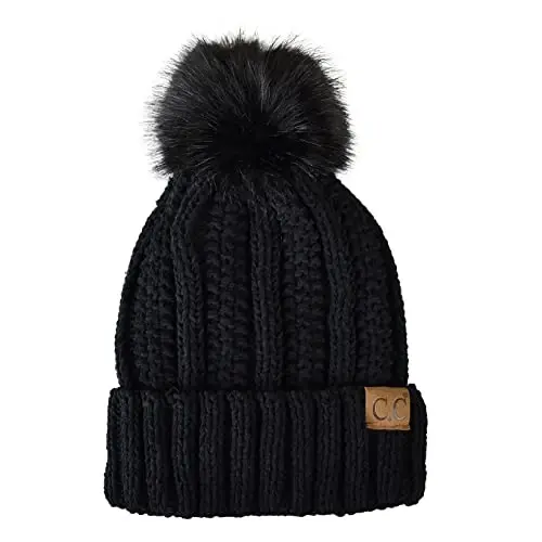 C.C Thick Cable Knit Faux Fuzzy Fur Pom Fleece Lined Skull Cap Cuff Beanie - MODAZONE