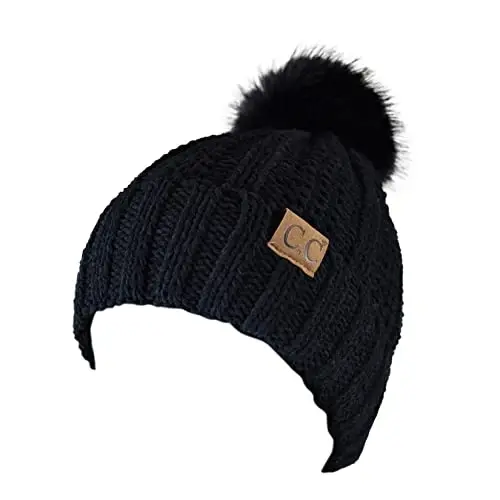 C.C Thick Cable Knit Faux Fuzzy Fur Pom Fleece Lined Skull Cap Cuff Beanie - 2