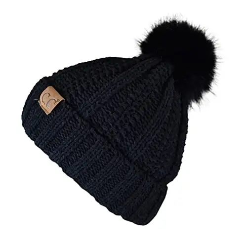 C.C Thick Cable Knit Faux Fuzzy Fur Pom Fleece Lined Skull Cap Cuff Beanie - 3