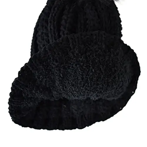 C.C Thick Cable Knit Faux Fuzzy Fur Pom Fleece Lined Skull Cap Cuff Beanie - 4