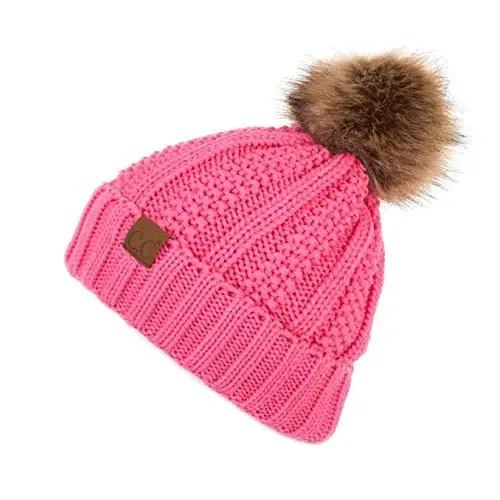 C.C Thick Cable Knit Faux Fuzzy Fur Pom Fleece Lined Skull Cap Cuff Beanie - MODAZONE