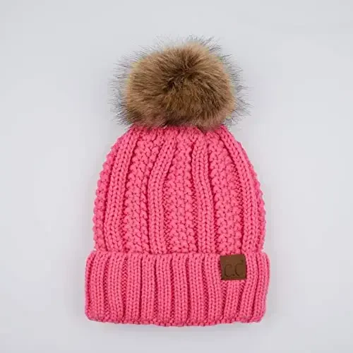 C.C Thick Cable Knit Faux Fuzzy Fur Pom Fleece Lined Skull Cap Cuff Beanie - 2