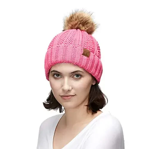 C.C Thick Cable Knit Faux Fuzzy Fur Pom Fleece Lined Skull Cap Cuff Beanie - 4