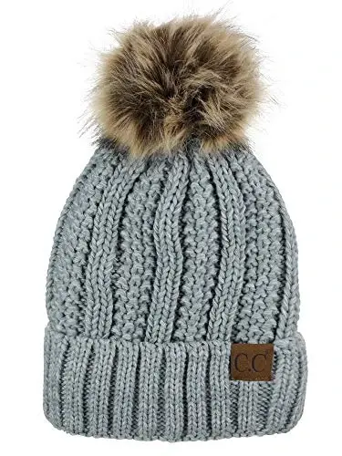 C.C Thick Cable Knit Faux Fuzzy Fur Pom Fleece Lined Skull Cap Cuff Beanie 
