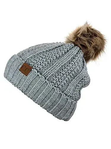 C.C Thick Cable Knit Faux Fuzzy Fur Pom Fleece Lined Skull Cap Cuff Beanie - 3