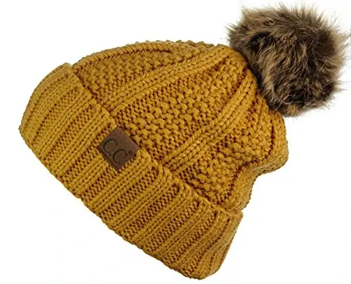 C.C Thick Cable Knit Faux Fuzzy Fur Pom Fleece Lined Skull Cap Cuff Beanie - MODAZONE (1)