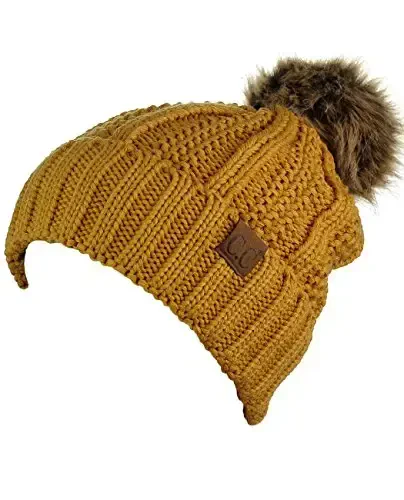C.C Thick Cable Knit Faux Fuzzy Fur Pom Fleece Lined Skull Cap Cuff Beanie - 3