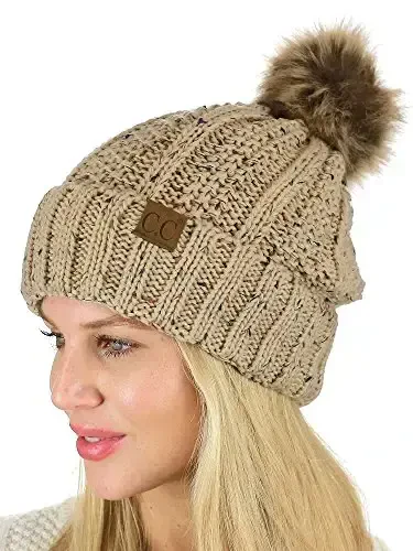 C.C Thick Cable Knit Faux Fuzzy Fur Pom Fleece Lined Skull Cap Cuff Beanie - C.C (1)