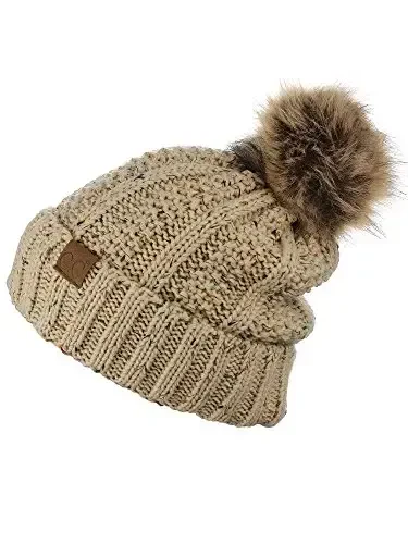 C.C Thick Cable Knit Faux Fuzzy Fur Pom Fleece Lined Skull Cap Cuff Beanie - 4