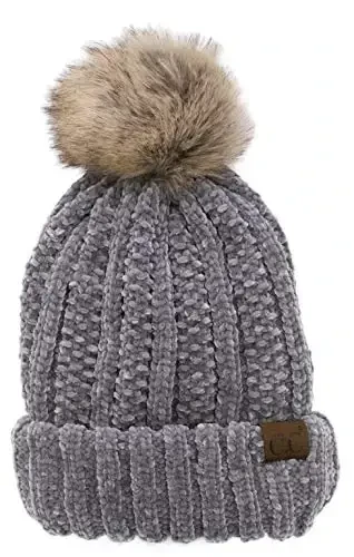 C.C Thick Cable Knit Faux Fuzzy Fur Pom Fleece Lined Skull Cap Cuff Beanie 
