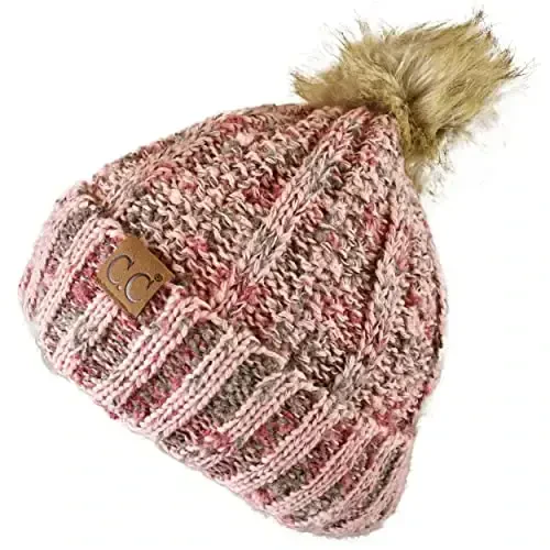 C.C Thick Cable Knit Faux Fuzzy Fur Pom Fleece Lined Skull Cap Cuff Beanie - 3