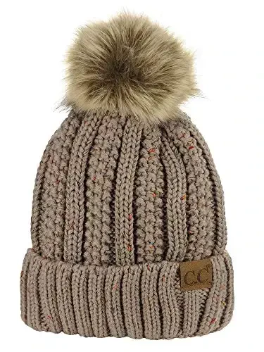C.C Thick Cable Knit Faux Fuzzy Fur Pom Fleece Lined Skull Cap Cuff Beanie 