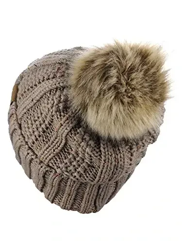 C.C Thick Cable Knit Faux Fuzzy Fur Pom Fleece Lined Skull Cap Cuff Beanie - 4