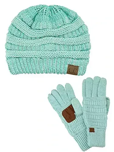 C.C Unisex Soft Stretch Cable Knit Beanie and Anti-Slip Touchscreen Gloves 2 Pc Set 