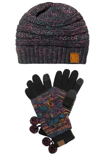 C.C Unisex Мягкая эластичная шапка в рубчик с косами и сенсорные перчатки против скольжения, комплект из 2 предметов - 1