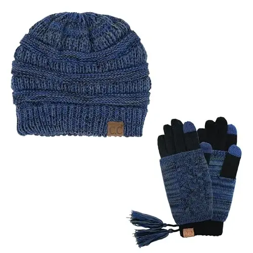 C.C Unisex Мягкая эластичная шапка в рубчик с косичкой и нескользящие перчатки для сенсорного экрана, комплект из 2 предметов - 1
