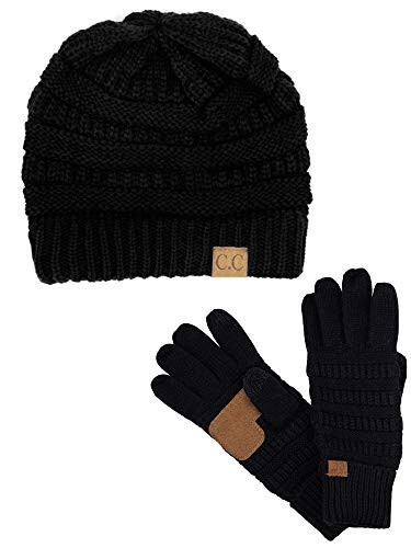 C.C Unisex Soft Stretch Cable Knit Beanie and Anti-Slip Touchscreen Gloves 2 Pc Set - 1