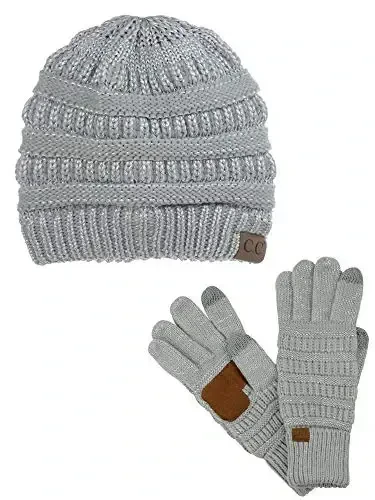 C.C Unisex Soft Stretch Cable Knit Beanie and Anti-Slip Touchscreen Gloves 2 Pc Set - 1