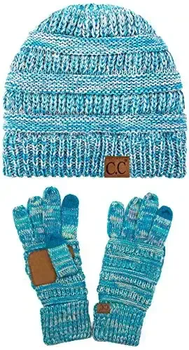 C.C Unisex Soft Stretch Cable Knit Beanie and Anti-Slip Touchscreen Gloves 2 Pc Set - MODAZONE