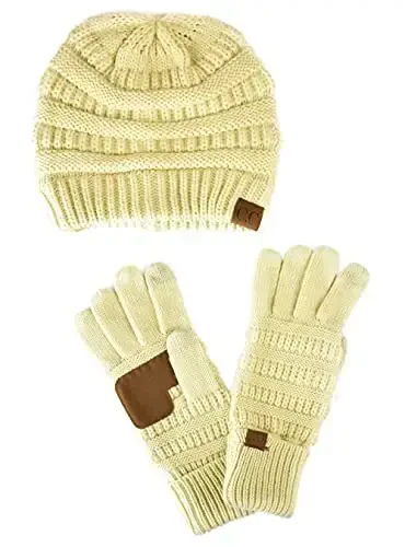 C.C Unisex Soft Stretch Cable Knit Beanie and Anti-Slip Touchscreen Gloves 2 Pc Set - C.C