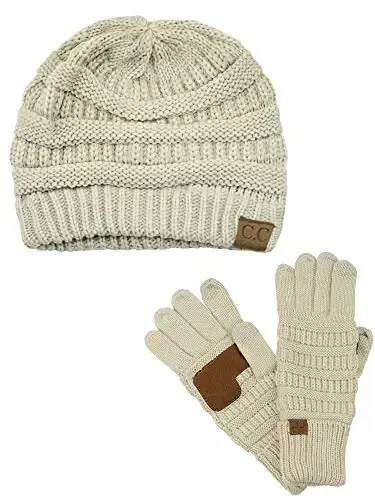 C.C Unisex Soft Stretch Cable Knit Beanie and Anti-Slip Touchscreen Gloves 2 Pc Set 