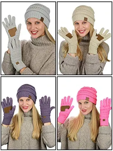 C.C Unisex Soft Stretch Cable Knit Beanie and Anti-Slip Touchscreen Gloves 2 Pc Set - C.C (1)