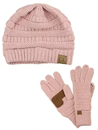 C.C Unisex Soft Stretch Cable Knit Beanie and Anti-Slip Touchscreen Gloves 2 Pc Set - C.C