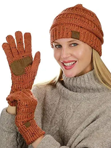 C.C Unisex Soft Stretch Cable Knit Beanie and Anti-Slip Touchscreen Gloves 2 Pc Set - C.C (1)