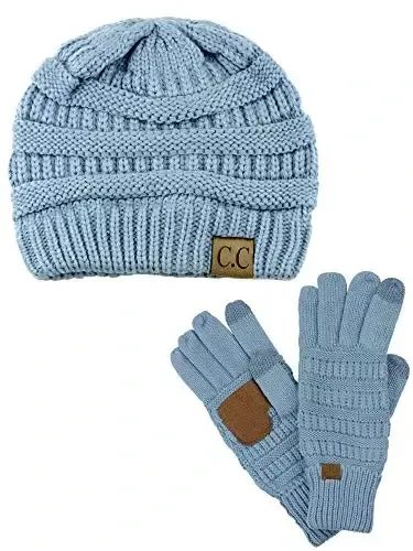 C.C Unisex Soft Stretch Cable Knit Beanie and Anti-Slip Touchscreen Gloves 2 Pc Set - C.C