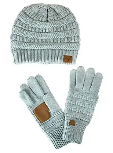 C.C Unisex Soft Stretch Cable Knit Beanie and Anti-Slip Touchscreen Gloves 2 Pc Set - C.C